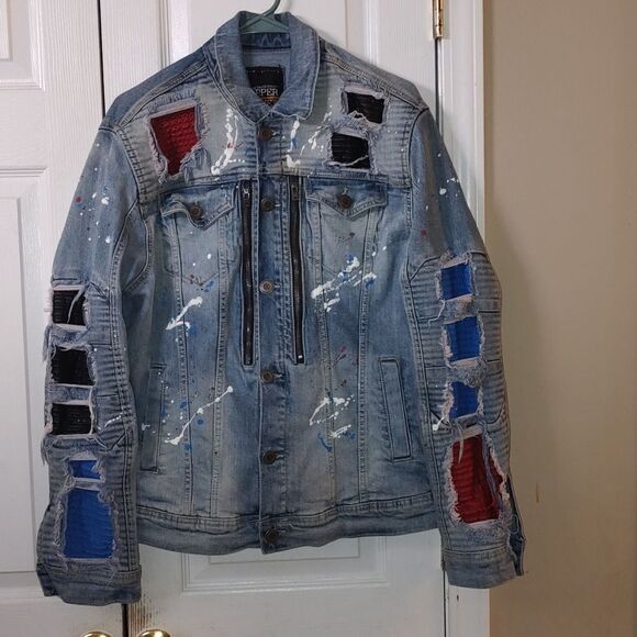 Cooper Rivet distressed denim paint splash jean multi media jacket Sz S - Picture 1 of 11